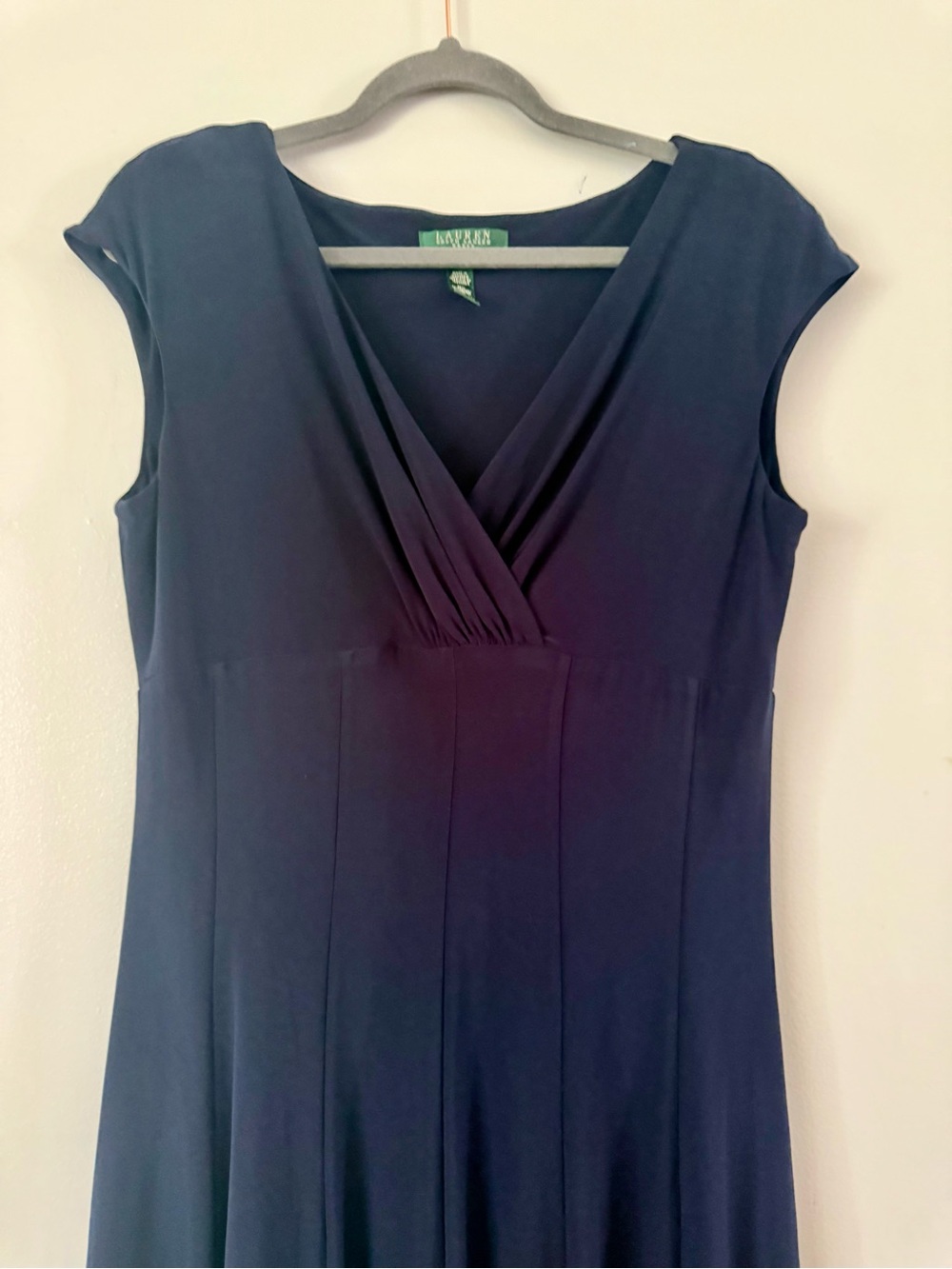 Lauren Ralph Lauren Navy Blue Surplice Jersey V-Neck Fit Flare Dress Sz 14 - Picture 2 of 4